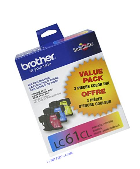 Brother LC61CL 3-Pack Ink Cartridge, 325 Page-Yield, Cyan Magenta Yellow